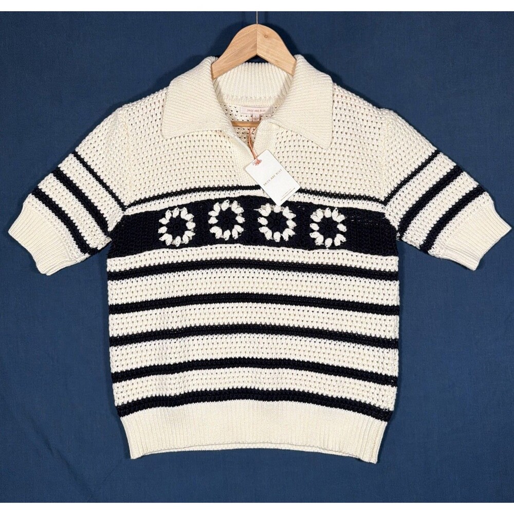 Skies Are Blue Womens Cream Navy Crochet Knot Sweater Striped Short Sleeve Boho
